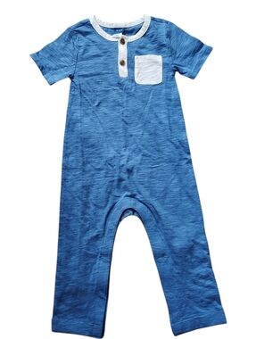 Old Navy 100% Cotton Blue Short-Sleeve Henley Jumpsuit with White Pocket